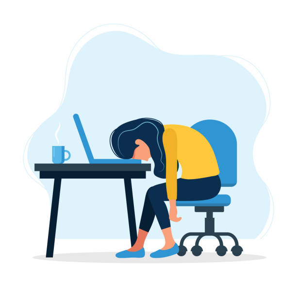 ilustracja koncepcyjna burnout z wyczerpaną pracownicą biurową siedzącą przy stole. sfrustrowany pracownik, problemy ze zdrowiem psychicznym. ilustracja wektorowa w stylu płaskim - jobs stock illustrations