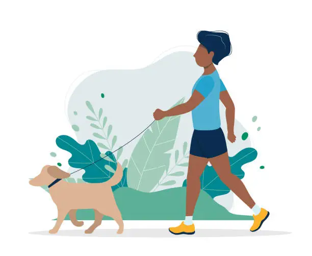Vector illustration of Black man with a dog in the park. Illustration in flat style, concept vector illustration for healthy lifestyle, sport, exercising.