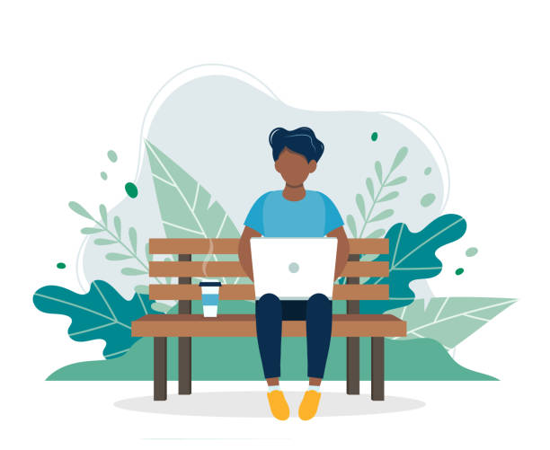 Black man with laptop sitting on the bench in nature and leaves. Concept vector illustration for freelance, working, studying, education, work from home, healthy lifestyle. Illustration in flat style vector illustration in flat style bench stock illustrations