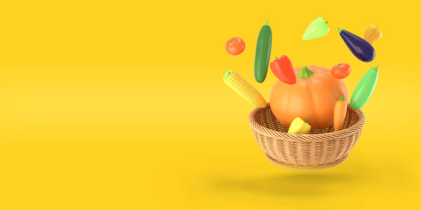 istock Vegetables flying over a basket on a yellow colored background. Pumpkin, corn, pepper, eggplant, zucchini, tomato in cartoon style. A vivid illustration of a ripe autumn harvest. 3D rendered 1158203817