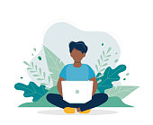 istock Black man with laptop sitting in nature and leaves. Concept vector illustration for working, freelancing, studying, education, work from home. Illustration in flat cartoon style 1158203819