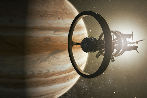 3D rendering of a spaceship aproaching Jupiter