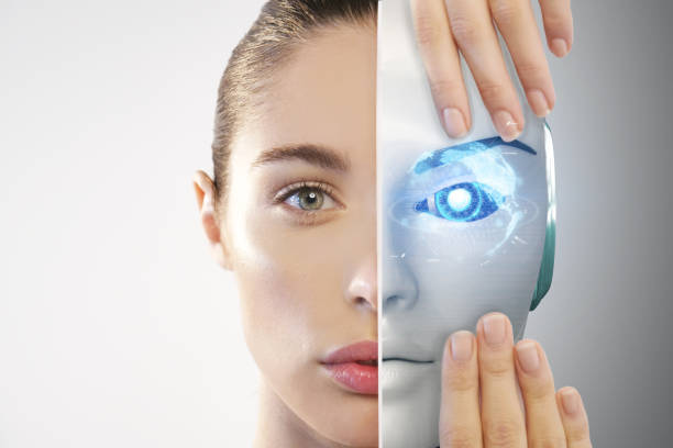 Close up of a beautiful woman's face with half human face and half-face robot with advanced and futuristic technology. Concept of: technology, robotics, the future, progress and science.