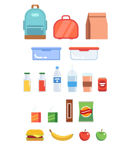 Lunchbox illustration set - different plastic containers, paper bag, bottles, juice, water, fruits, sandwich, backpack. vector illustration in flat style bag lunch stock illustrations
