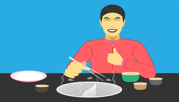 Vector illustration of free space on the chalice dish and electric pot for your food promotion. a man happy while eating meal recommended and acting give a like on left hand and right holding the chopsticks.