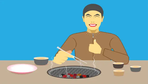 Vector illustration of free space on the chalice dish and charcoal toaster for your food promotion. a man happy while eating meal recommended and acting give a like on left hand and right holding the chopsticks.