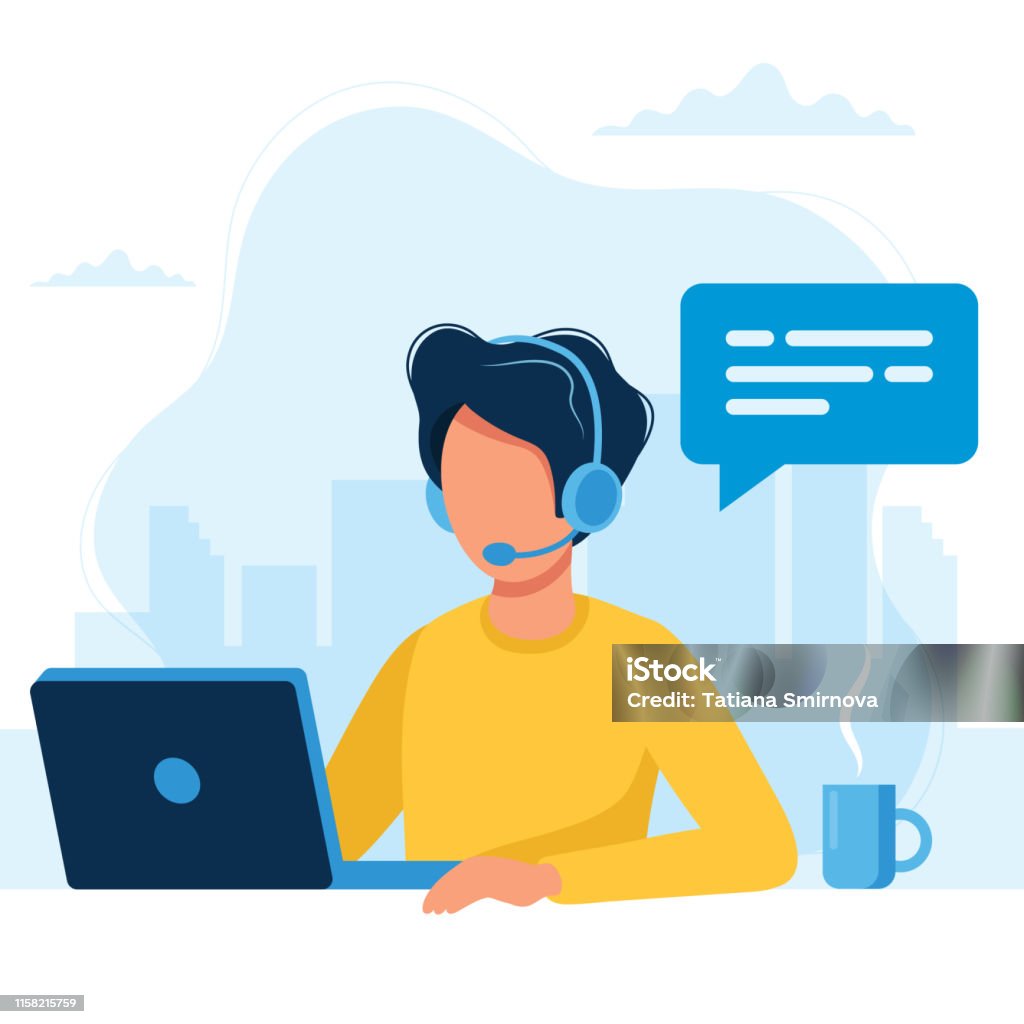 Customer service. Man with headphones and microphone with laptop. Concept illustration for support, call center. vector illustration in flat style Support stock vector