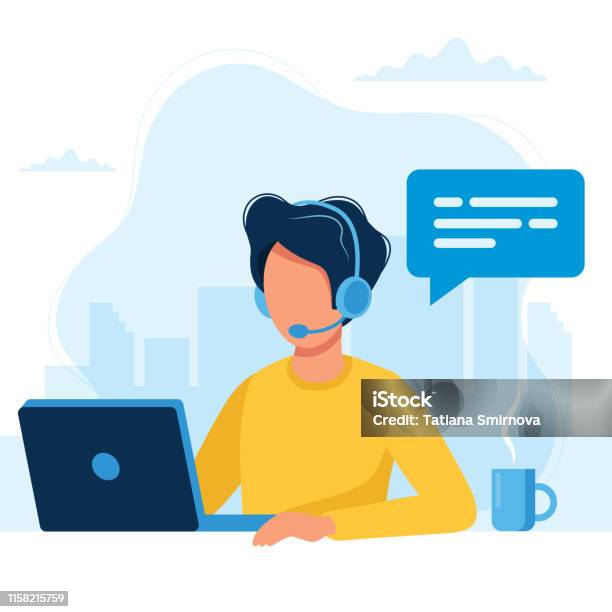 Customer Service Man With Headphones And Microphone With Laptop Concept Illustration For Support Call Center Stock Illustration - Download Image Now