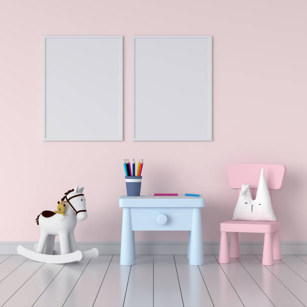 istock Two blank photo frame for mockup in pink child room, 3D rendering 1158217442