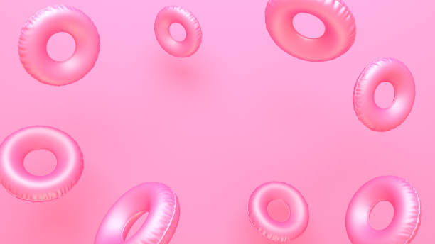 Inflatable circle on a pink pastel background. Summer vacation concept. Minimal abstract wallpaper concept. Velvet season. Flat lay. 3d render