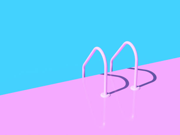 Grab bars ladder in the blue swimming pool. 3d render