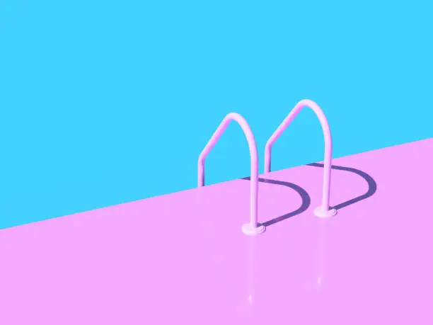 Photo of Grab bars ladder in the blue swimming pool. 3d render