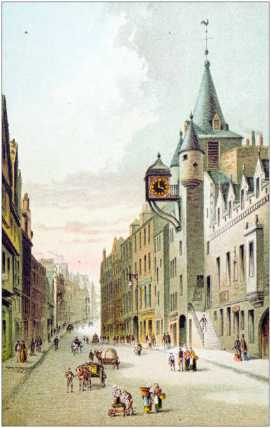 ilustrações de stock, clip art, desenhos animados e ícones de antique painting of scotland cities, lakes and mountains: old tolbooth and canongate, edinburgh - illustration and painting landscape old fashioned antique