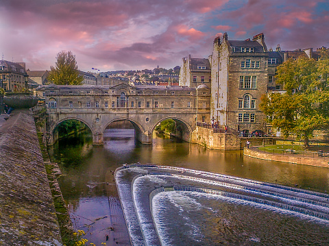 The sunset over the river in the antique city  of Bath, Somerset