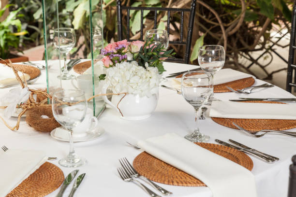 istock Centerpieces, decorated table for party reception 1158219132