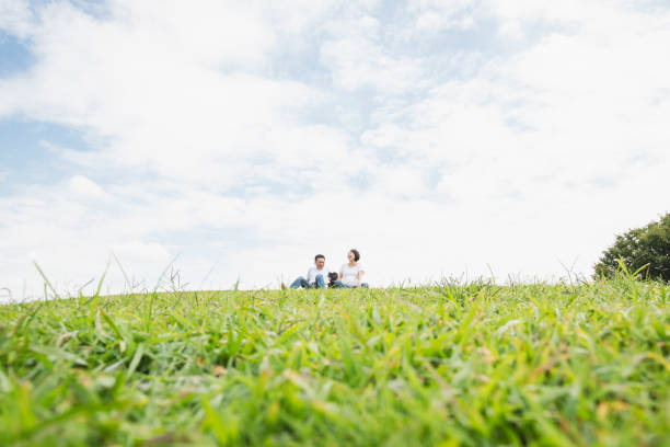 istock Asian couple with dog relaxed on grass under blue sky 1158220025