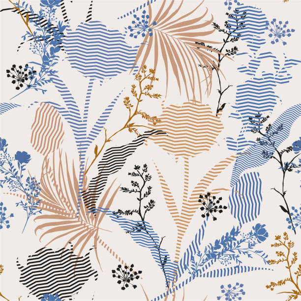 piękne vintage vector botaniczne sylwetka kwiatowy bezszwowy wzór na nowoczesny pasek zygzak wypełnić, delikatne tapety, dzikie kwiaty tapety - botanic stock illustrations