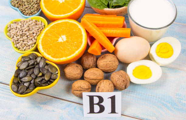 Ingredients containing vitamins B1 (thiamine). Healthy eating concept. stock photo