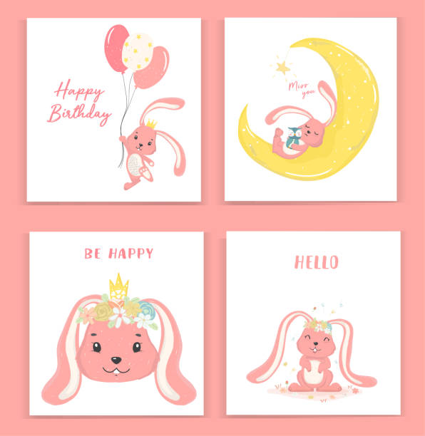 ilustraciones, imágenes clip art, dibujos animados e iconos de stock de linda idea de colección de conejito princesa rosa para la tarjeta vectorial plana - owl baby shower spring young animal