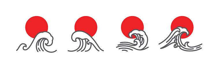 Japan wave and red sun vector illustration set. Linear art of great wave. Minimal style for use as logo, icons or t-shirt design.