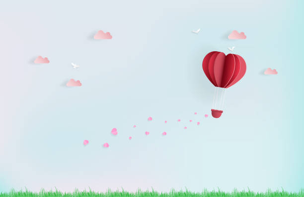 istock Balloon flying over Cloud with pink heart float on the sky. and scatter pink heart in the sky, vector art and illustration of love and valentine Digital paper craft style. Paper art of pastel background 1158225177