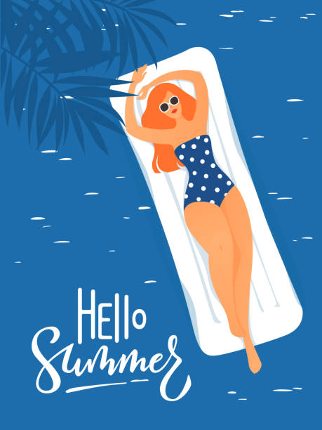 vektor hallo sommerposter mit niedlichen dame schwimmen in einem meer - party hat cocktail time drink stock-grafiken, -clipart, -cartoons und -symbole