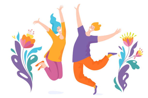 Bекторная иллюстрация Счастливые прыжки людей, которые достигают цели.
