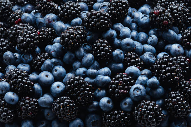 istock Blackberry and  blueberry background. Top view. 1158228387