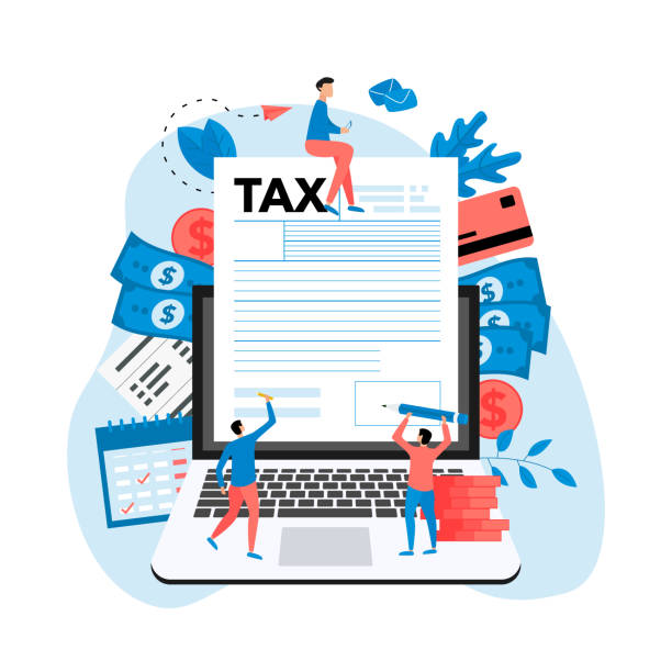 線上納稅向量說明概念。填寫稅務表單 - 稅表 插圖 幅插畫檔、美工圖案、卡通及圖標