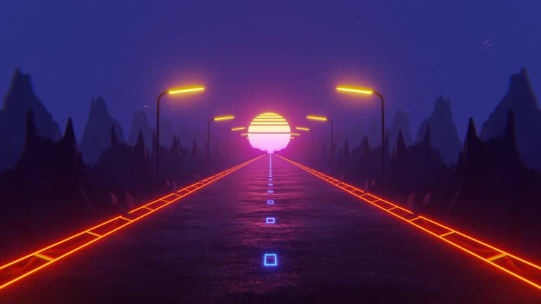 80s fluorescent visual background. Night road