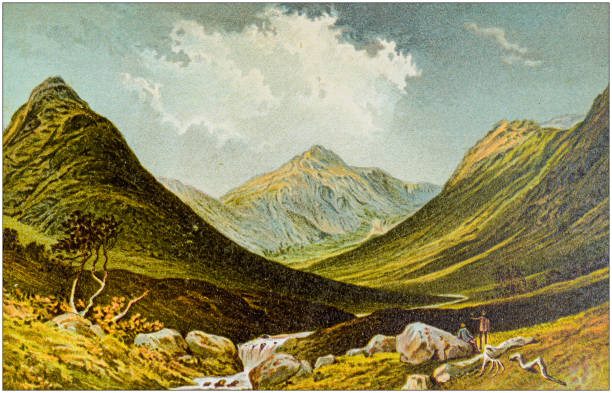 ilustrações de stock, clip art, desenhos animados e ícones de antique painting of scotland cities, lakes and mountains: glen sannox, arran - illustration and painting landscape old fashioned antique