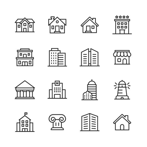 Building Line Icons. Editable Stroke. Pixel Perfect. For Mobile and Web. Contains such icons as Building, Architecture, Construction, Real Estate, House, Home, School, Hotel. 16 Building Outline Icons. cityscape icons stock illustrations