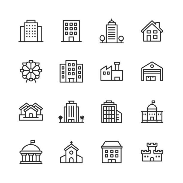 ilustrações de stock, clip art, desenhos animados e ícones de building line icons. editable stroke. pixel perfect. for mobile and web. contains such icons as building, architecture, construction, home, house, factory, garage, church, government, castle. - symbol office building construction building exterior