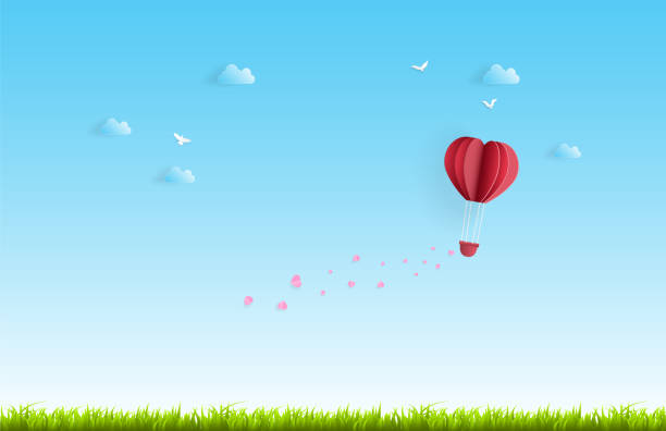 istock Balloon flying over Cloud with pink heart float on the sky. and scatter pink heart in the sky, vector art and illustration of love and valentine Digital paper craft style. Paper art of pastel background 1158233213