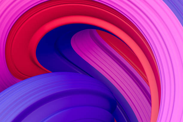 3d абстрактная жидкость витой формы волнистый фон, радужные неоновые цифрового искусства - spiral shape red shiny стоковые фото и изображения