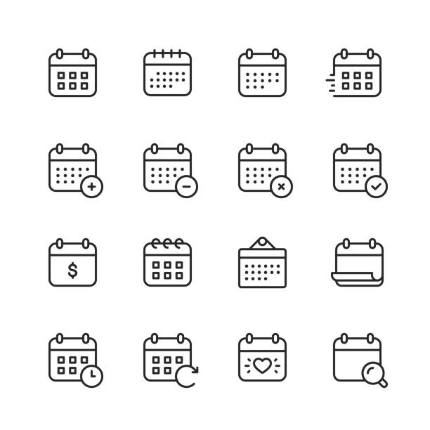 ilustrações, clipart, desenhos animados e ícones de ícones da linha do calendário. traçado editável. pixel perfeito. para mobile e web. contém ícones como calendário, nomeação, pagamento, feriado, relógio. - countdown leader