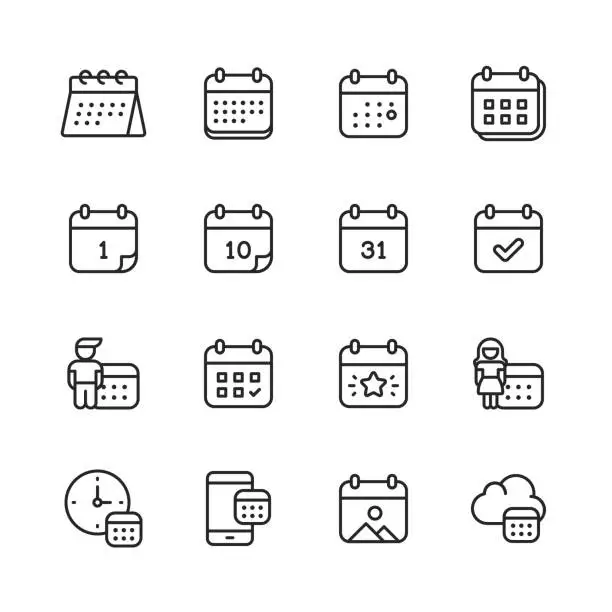 Vector illustration of Calendar Line Icons. Editable Stroke. Pixel Perfect. For Mobile and Web. Contains such icons as Calendar, Appointment, Payment, Holiday, Clock.