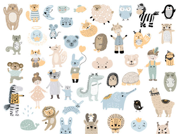 illustrations, cliparts, dessins animés et icônes de grand ensemble d'animaux sauvages de dessin animé - animaux familiers. collection mignonne d'art de clip d'enfants dessinés à la main. illustration de vecteur. - cute boy