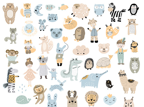 Big set of wild cartoon animals & pets. Cute handdrawn kids clip art collection. Vector illustration