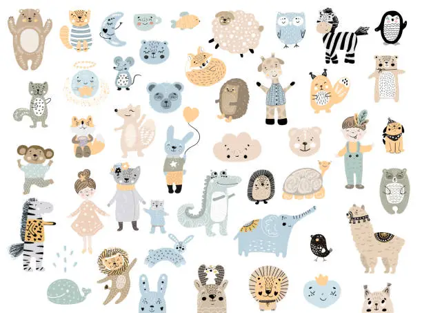 Vector illustration of Big set of wild cartoon animals & pets. Cute handdrawn kids clip art collection. Vector illustration.