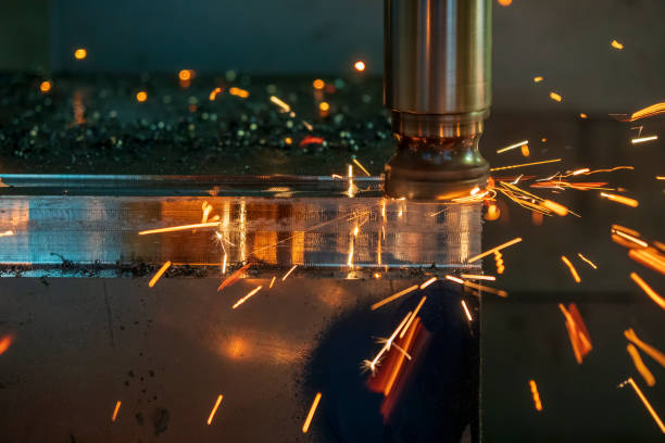 istock The burning  chip from the rough cutting process on CNC milling machine. 1158234970