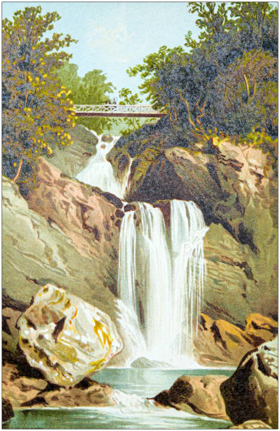 ilustrações de stock, clip art, desenhos animados e ícones de antique painting of scotland cities, lakes and mountains: waterfall at inversnaid, loch lomond - illustration and painting landscape old fashioned antique