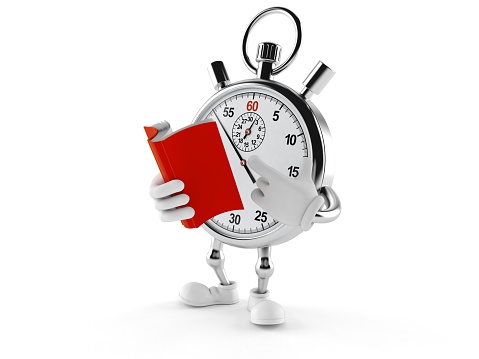 Stopwatch character reading a book isolated on white background. 3d illustration