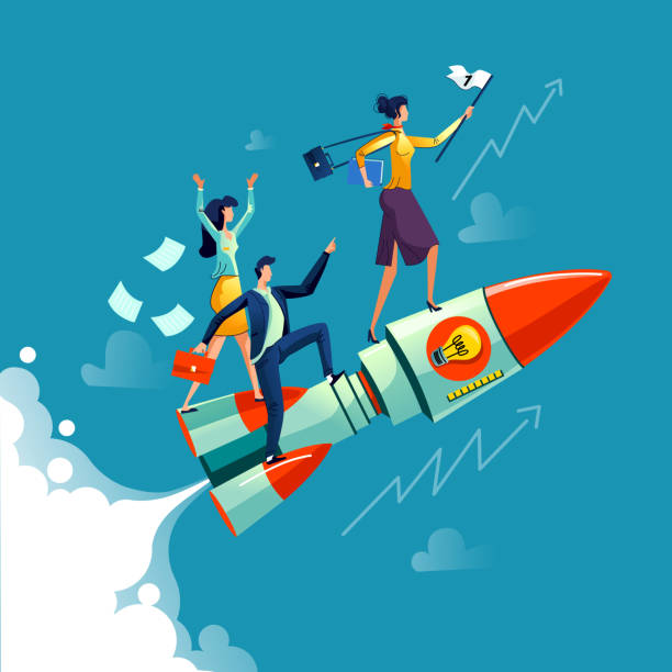 ilustraciones, imágenes clip art, dibujos animados e iconos de stock de empresaria volando en concepto de negocio de cohetes - business leadership backgrounds light bulb