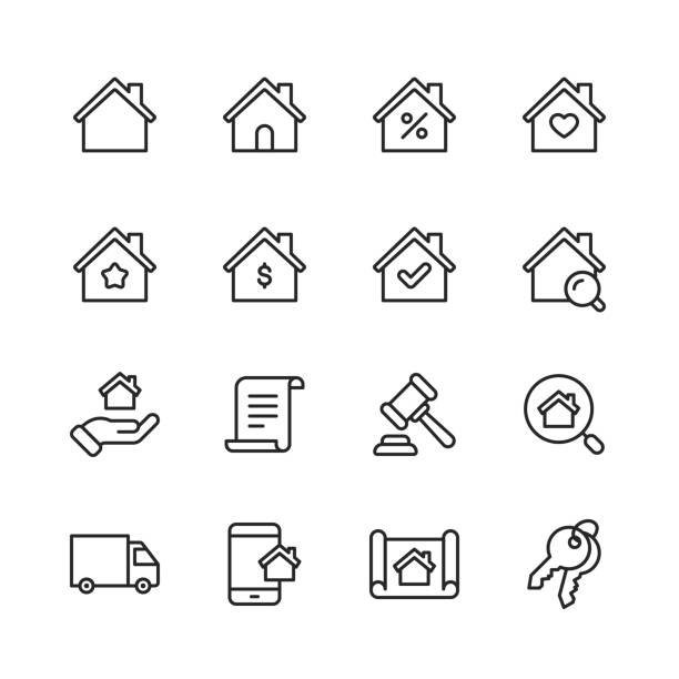 immobilien linie icons. bearbeitbarer strich. pixel perfekt. für mobile und web. enthält symbole wie gebäude, familie, schlüssel, hypothek, bau, haushalt, umzug. - house insurance home interior residential structure stock-grafiken, -clipart, -cartoons und -symbole