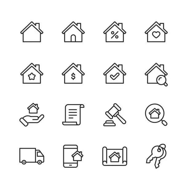 Vector illustration of Real Estate Line Icons. Editable Stroke. Pixel Perfect. For Mobile and Web. Contains such icons as Building, Family, Keys, Mortgage, Construction, Household, Moving.