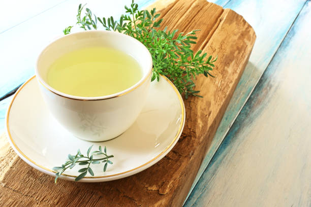 rue leaves and tea in white cup
