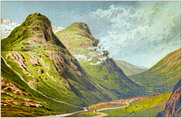 ilustrações de stock, clip art, desenhos animados e ícones de antique painting of scotland cities, lakes and mountains: pass of glencoe - illustration and painting landscape old fashioned antique