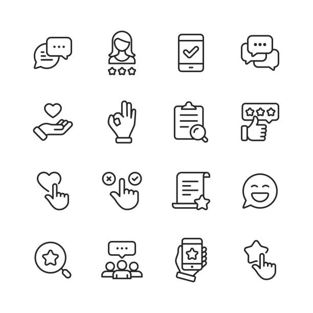 Feedback and Testimonials  Line Icons. Editable Stroke. Pixel Perfect. For Mobile and Web. Contains such icons as Feedback, Testimonials, Survey, Review, Clipboard, Happy Face, Like Button, Thumbs Up, Badge. 16 Feedback and Testimonials  Outline Icons. satisfaction stock illustrations