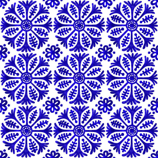 ilustrações, clipart, desenhos animados e ícones de telha pintada mão da marinha azul da aguarela. teste padrão da telha do vetor, mosaico floral árabe de lisboa, ornamento sem emenda mediterrâneo do azul de marinha - textile blue leaf paisley